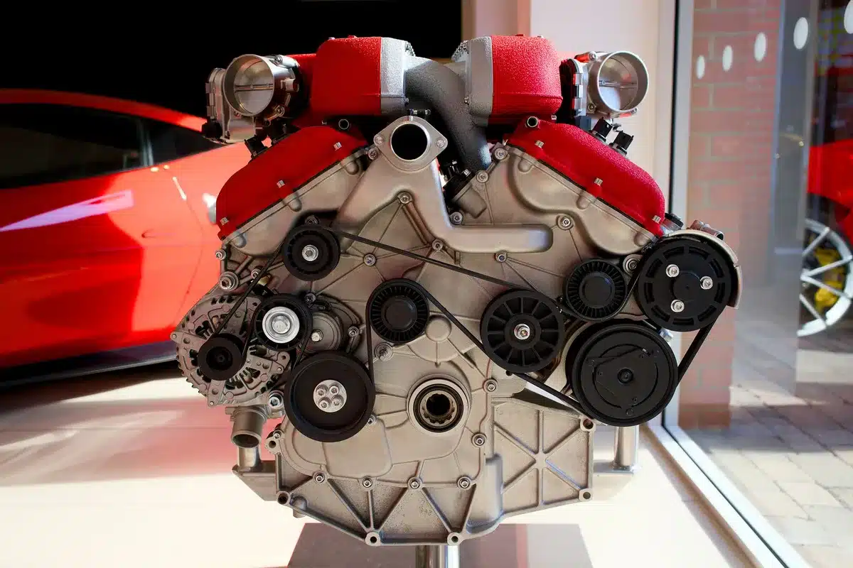 Moderner V8-Hybridmotor mit Elektro-Unterst&uuml;tzung in Schnittdarstellung