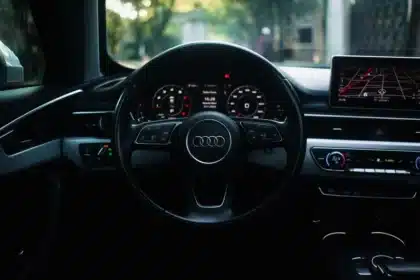 Modernes Elektroauto-Innenraum mit großem Glasdach, minimalistischem Lenkrad und digitalen Displays