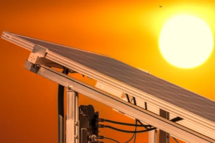 Dachansicht eines Campervans mit flachem Solarmodul und Akku im Abendlicht