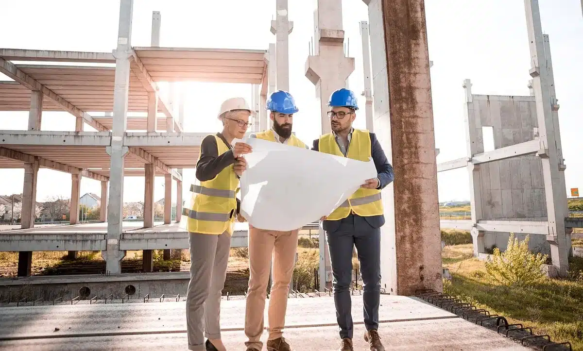 Baustelle einer Auto­fabrik mit Kranen und Rohbauten